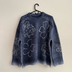 Kujten Navy Blue Diane Flower Spray Cashmere Oversize Sweater T1